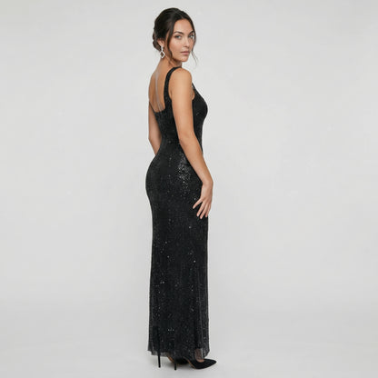 Serena | Women’s Rhinestone Stretch-Mesh Maxi Dress, Square-Neck