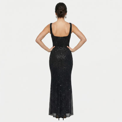Serena | Women’s Rhinestone Stretch-Mesh Maxi Dress, Square-Neck