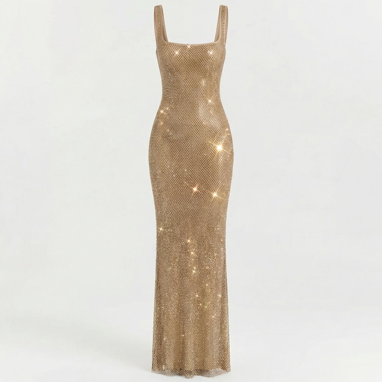 Serena | Women’s Rhinestone Stretch-Mesh Maxi Dress, Square-Neck