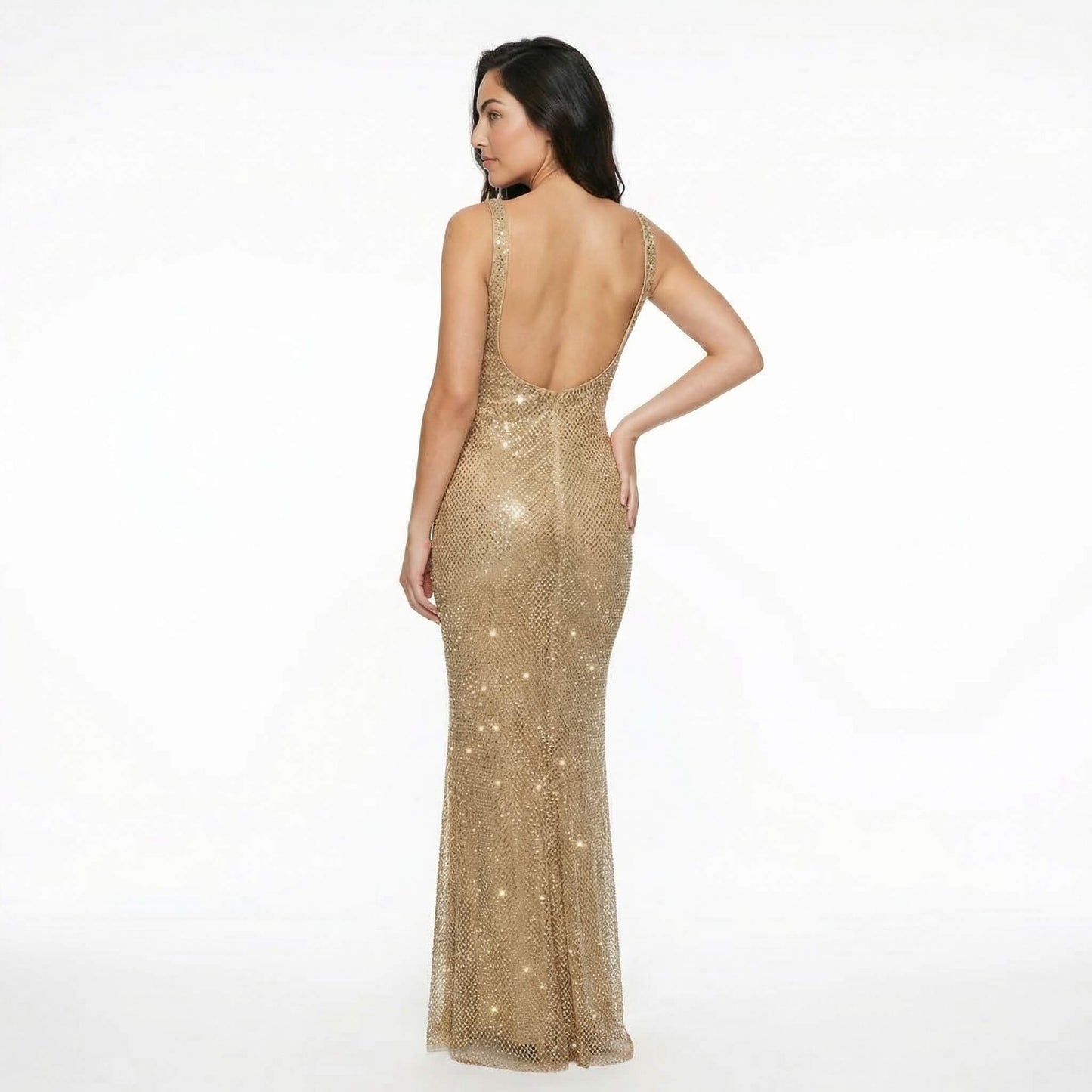 Serena | Women’s Rhinestone Stretch-Mesh Maxi Dress, Square-Neck