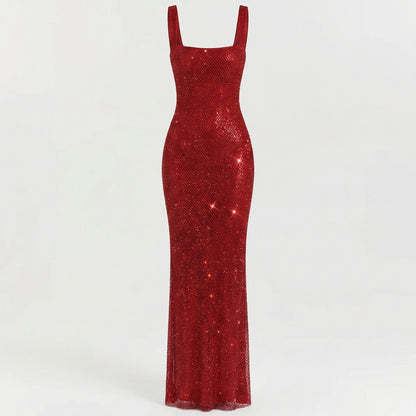 Serena | Women’s Rhinestone Stretch-Mesh Maxi Dress, Square-Neck