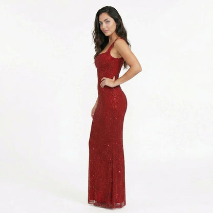 Serena | Women’s Rhinestone Stretch-Mesh Maxi Dress, Square-Neck