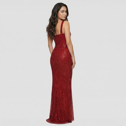 Serena | Women’s Rhinestone Stretch-Mesh Maxi Dress, Square-Neck