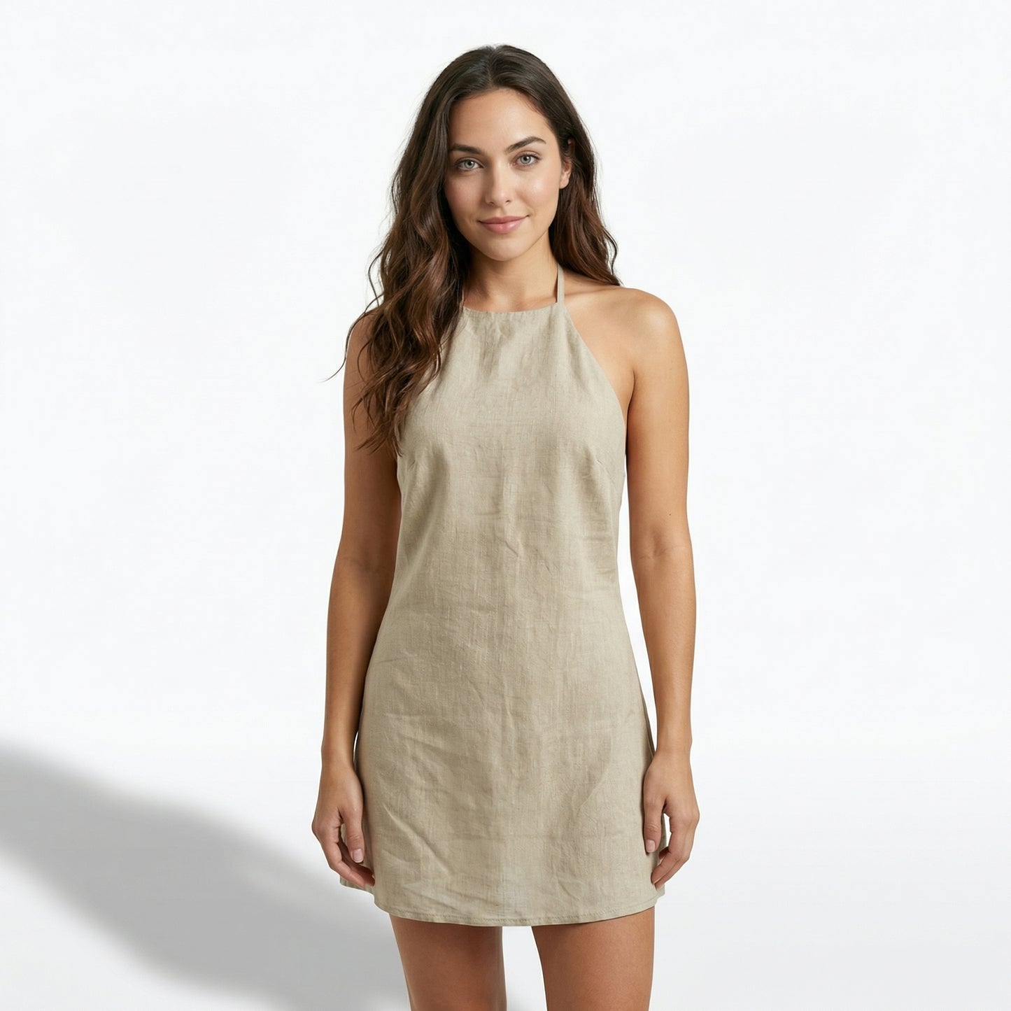 Sienna Women's Linen Halter Neck Mini Dress, Sleeveless Open Back A-Line