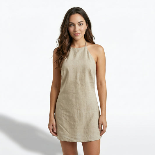 Sienna Women's Linen Halter Neck Mini Dress, Sleeveless Open Back A-Line