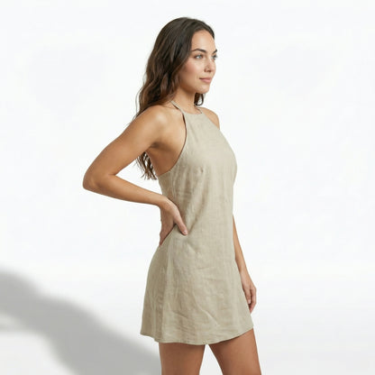 Sienna Women's Linen Halter Neck Mini Dress, Sleeveless Open Back A-Line