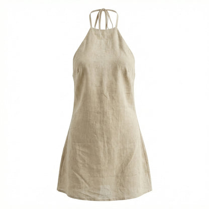 Sienna Women's Linen Halter Neck Mini Dress, Sleeveless Open Back A-Line