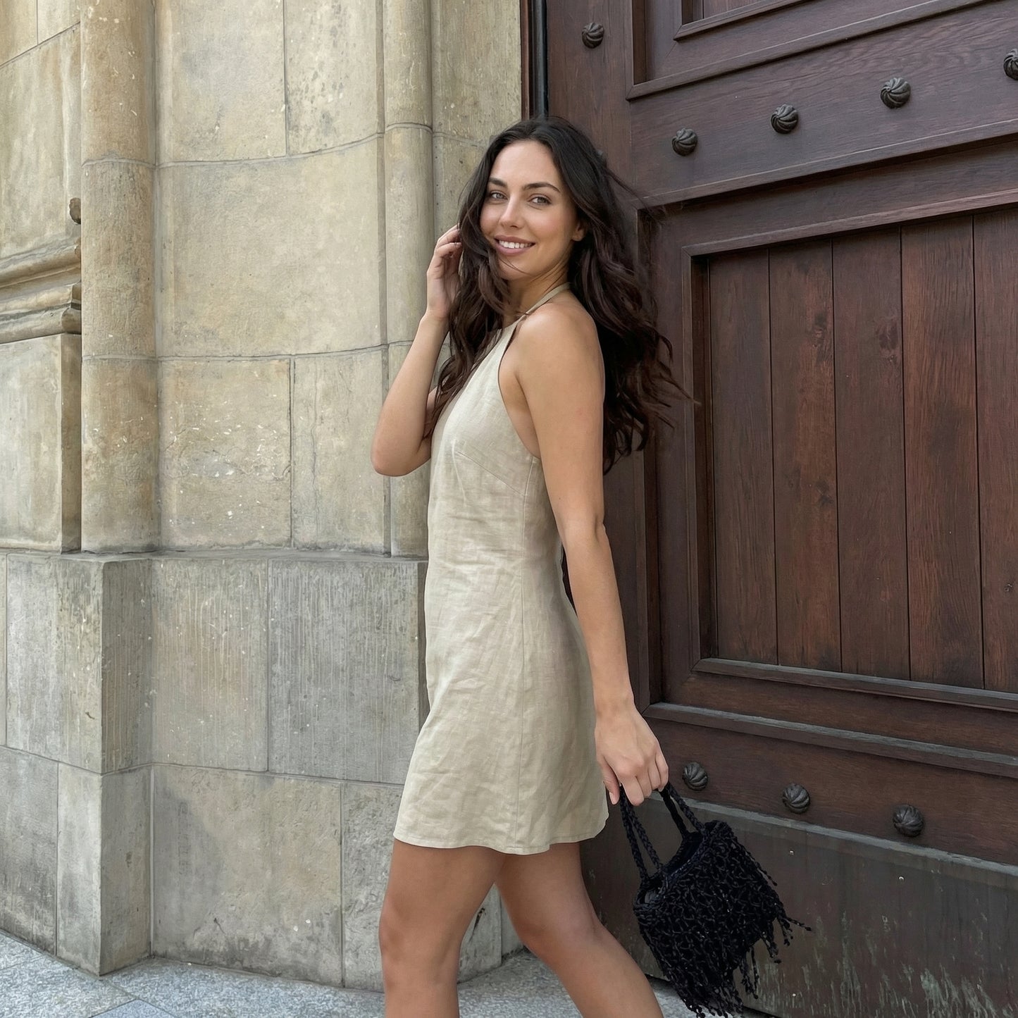 Sienna Women's Linen Halter Neck Mini Dress, Sleeveless Open Back A-Line