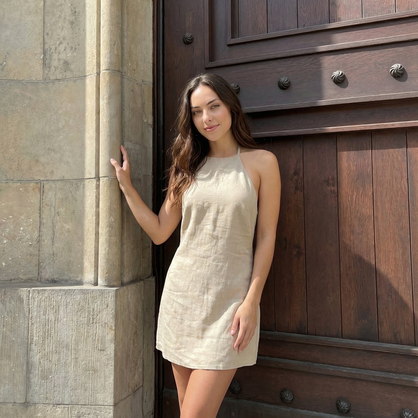 Sienna Women's Linen Halter Neck Mini Dress, Sleeveless Open Back A-Line