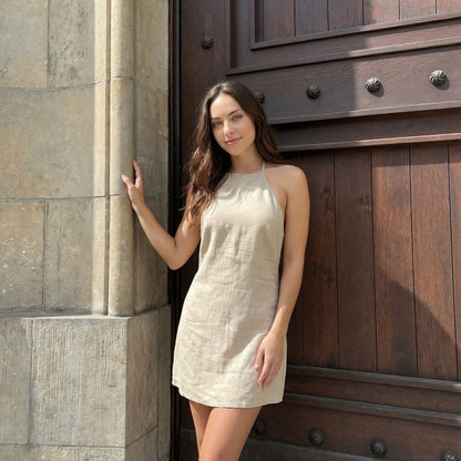 Sienna Women's Linen Halter Neck Mini Dress, Sleeveless Open Back A-Line