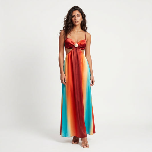 Soleil Women's Maxi Dress Gradient Halter Cutout, High Waist