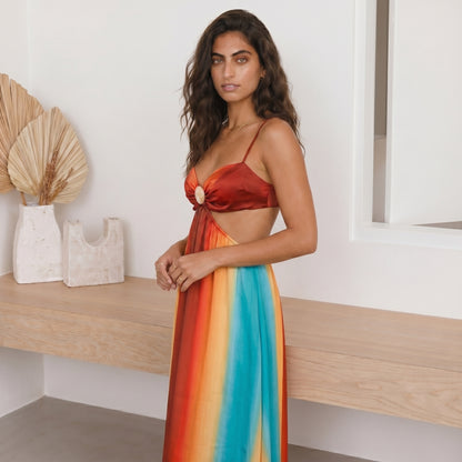 Soleil Women's Maxi Dress Gradient Halter Cutout, High Waist