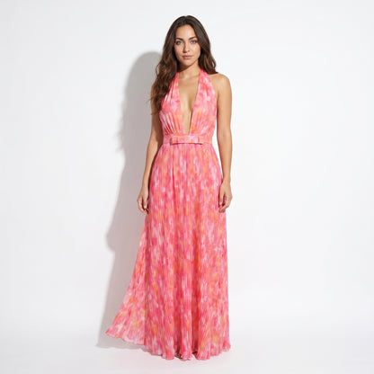 Soleil Women's Printed Halter Plunge Maxi Dress, Open Back Lace Up