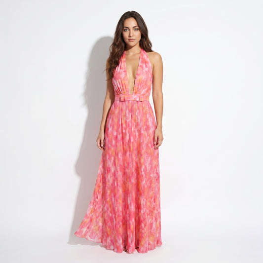 Soleil Women's Printed Halter Plunge Maxi Dress, Open Back Lace Up
