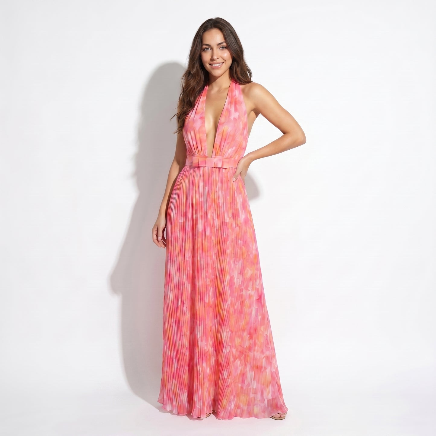 Soleil Women's Printed Halter Plunge Maxi Dress, Open Back Lace Up