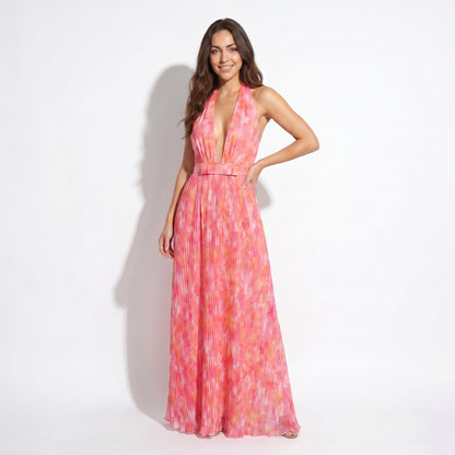 Soleil Women's Printed Halter Plunge Maxi Dress, Open Back Lace Up