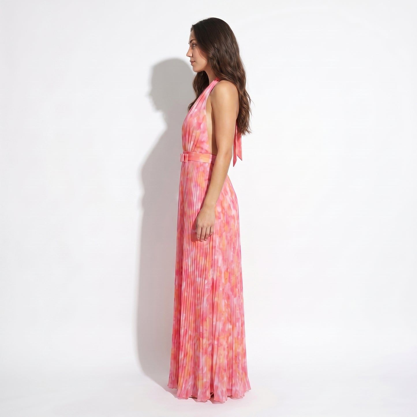 Soleil Women's Printed Halter Plunge Maxi Dress, Open Back Lace Up