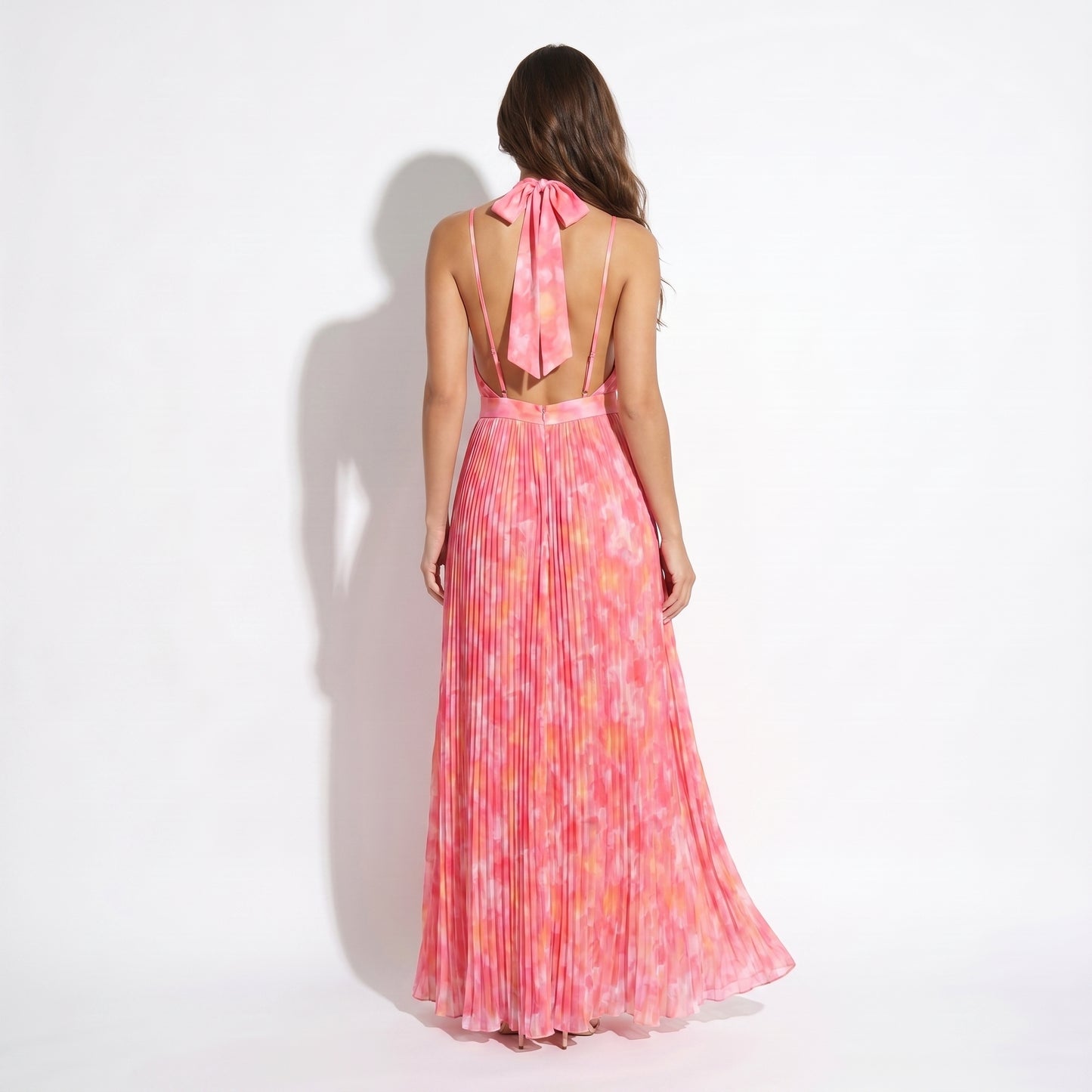 Soleil Women's Printed Halter Plunge Maxi Dress, Open Back Lace Up