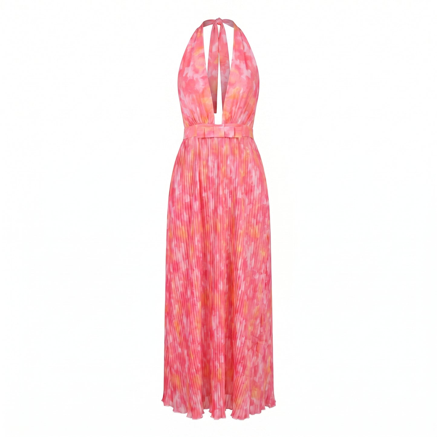 Soleil Women's Printed Halter Plunge Maxi Dress, Open Back Lace Up