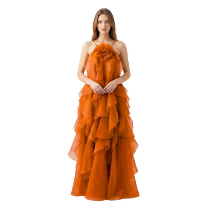 Soline | Women’s Halter Ruffle Maxi Dress with Zip