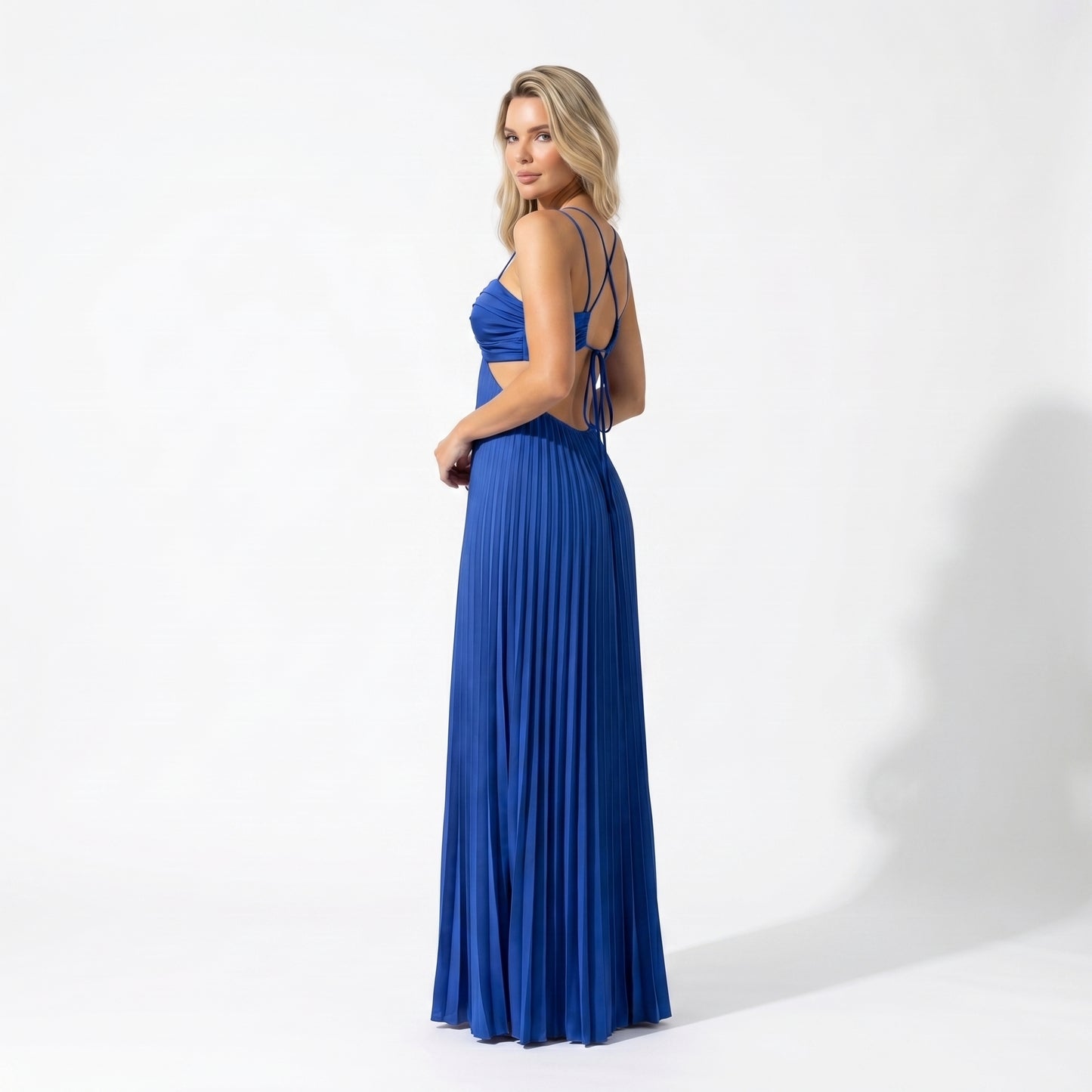 Thalia Women's Pleated Halter Maxi Dress, Sleeveless High Waist Formal