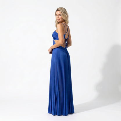 Thalia Women's Pleated Halter Maxi Dress, Sleeveless High Waist Formal