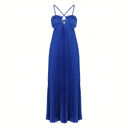 Thalia Women's Pleated Halter Maxi Dress, Sleeveless High Waist Formal
