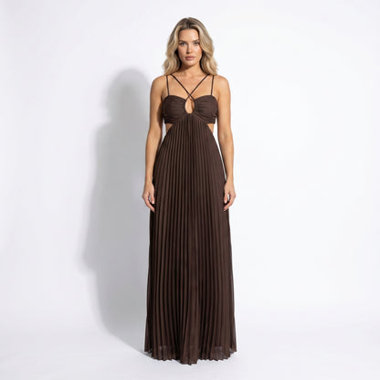 Thalia Women's Pleated Halter Maxi Dress, Sleeveless High Waist Formal