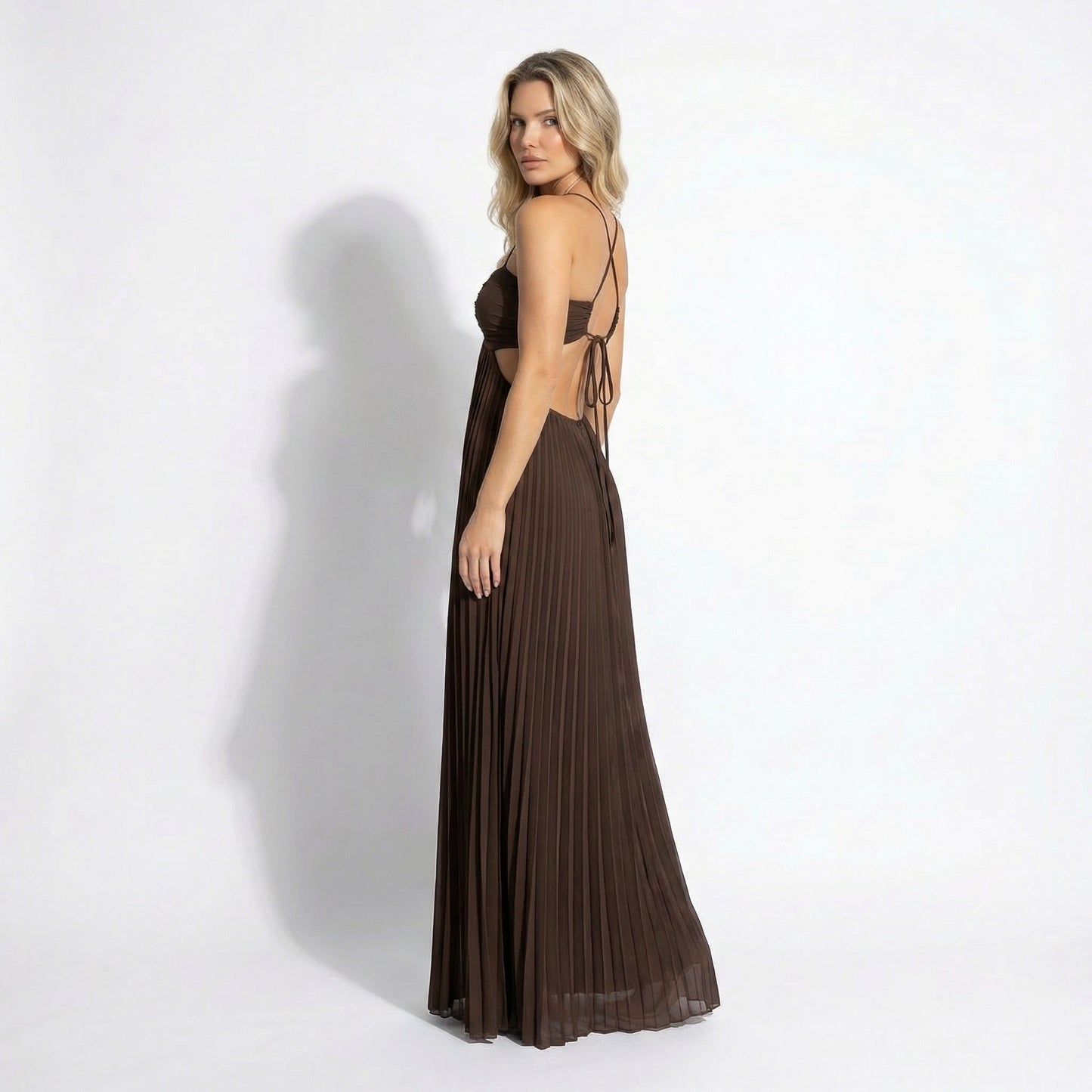 Thalia Women's Pleated Halter Maxi Dress, Sleeveless High Waist Formal