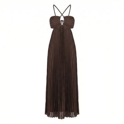Thalia Women's Pleated Halter Maxi Dress, Sleeveless High Waist Formal