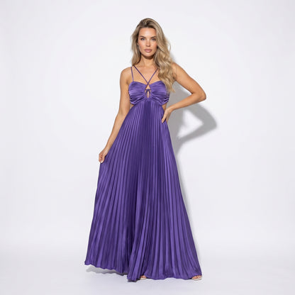 Thalia Women's Pleated Halter Maxi Dress, Sleeveless High Waist Formal