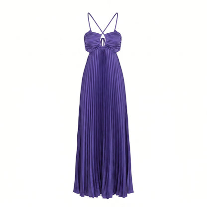 Thalia Women's Pleated Halter Maxi Dress, Sleeveless High Waist Formal
