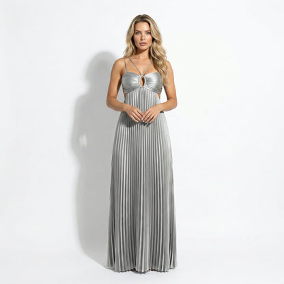 Thalia Women's Pleated Halter Maxi Dress, Sleeveless High Waist Formal
