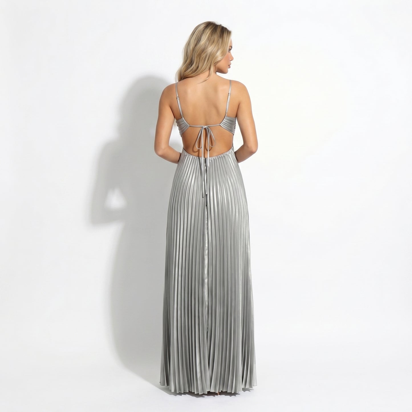 Thalia Women's Pleated Halter Maxi Dress, Sleeveless High Waist Formal