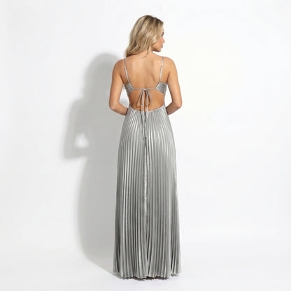 Thalia Women's Pleated Halter Maxi Dress, Sleeveless High Waist Formal