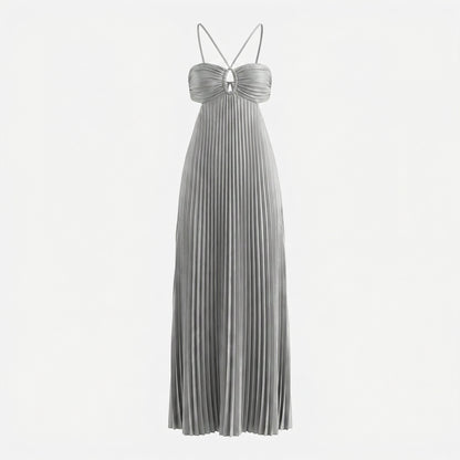 Thalia Women's Pleated Halter Maxi Dress, Sleeveless High Waist Formal
