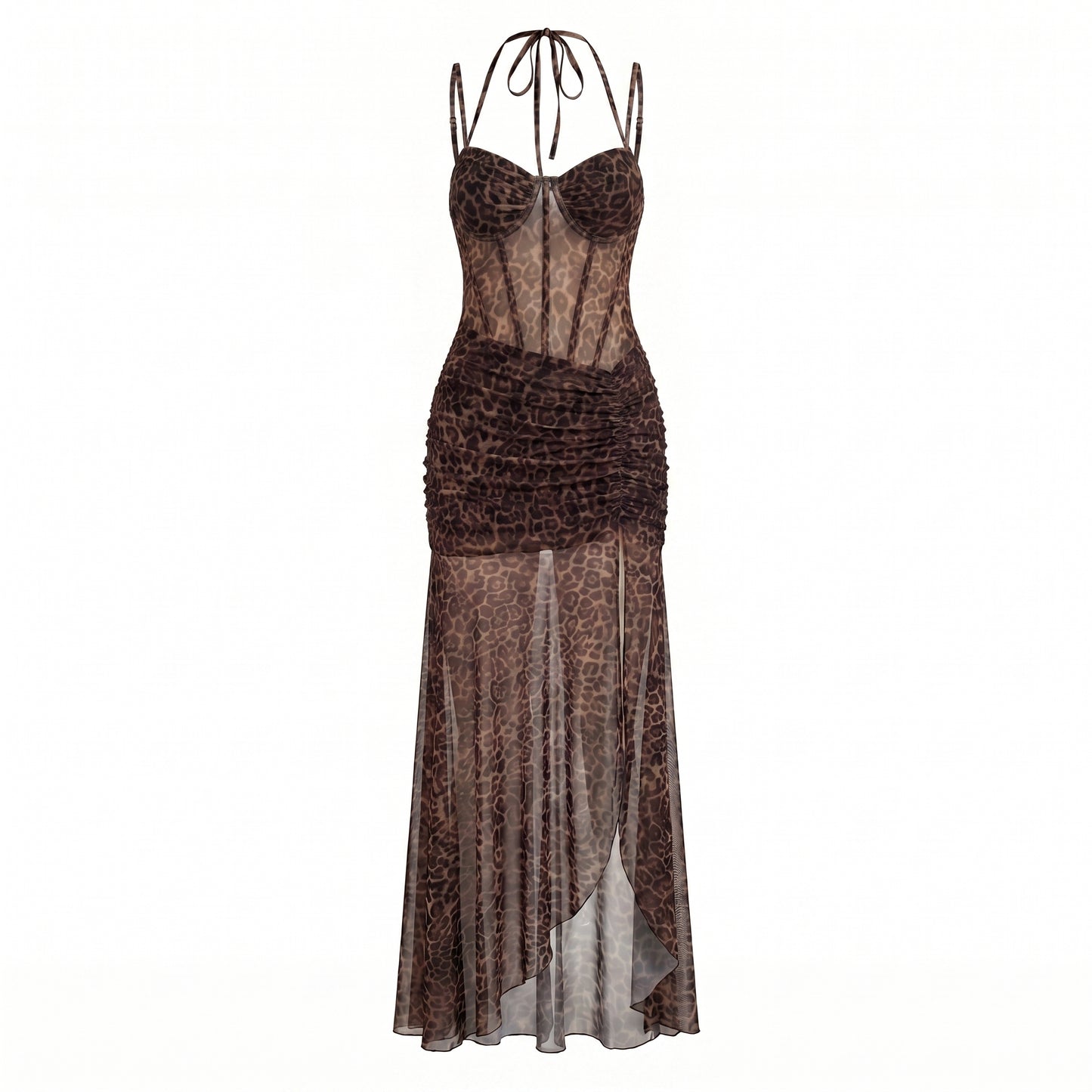 Valentina Women's Mesh Corset Maxi Dress, Ruched Halter Side Slit