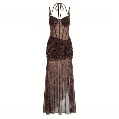 Valentina Women's Mesh Corset Maxi Dress, Ruched Halter Side Slit