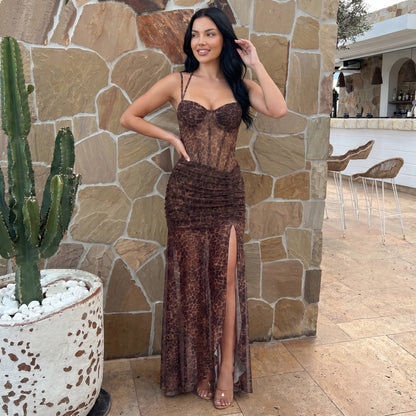 Valentina Women's Mesh Corset Maxi Dress, Ruched Halter Side Slit