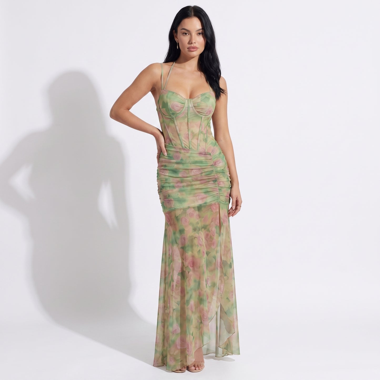 Valentina Women's Mesh Corset Maxi Dress, Ruched Halter Side Slit
