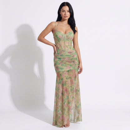 Valentina Women's Mesh Corset Maxi Dress, Ruched Halter Side Slit