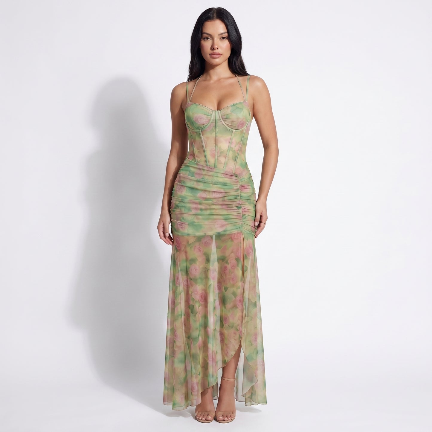 Valentina Women's Mesh Corset Maxi Dress, Ruched Halter Side Slit