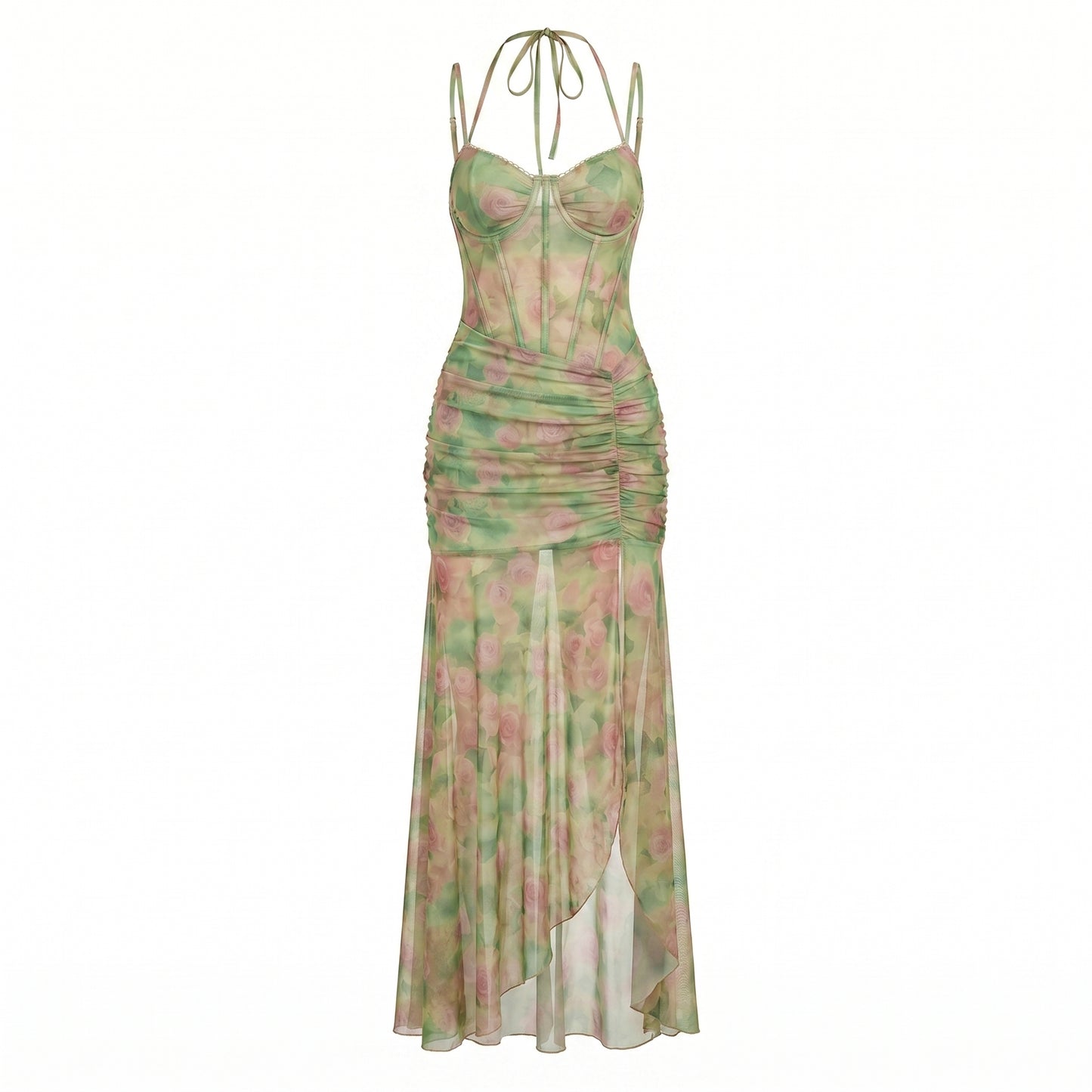 Valentina Women's Mesh Corset Maxi Dress, Ruched Halter Side Slit