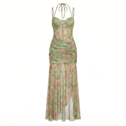 Valentina Women's Mesh Corset Maxi Dress, Ruched Halter Side Slit