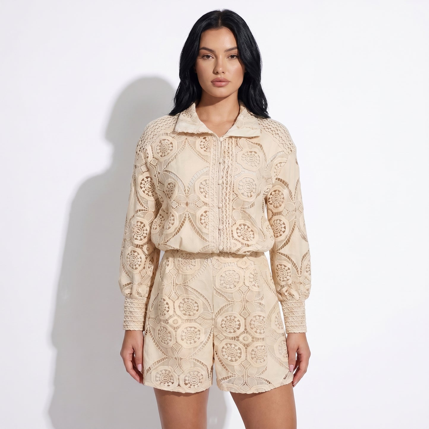 Vivienne Women's Crochet Lace Co-Ord Set, Stand Collar Button Front