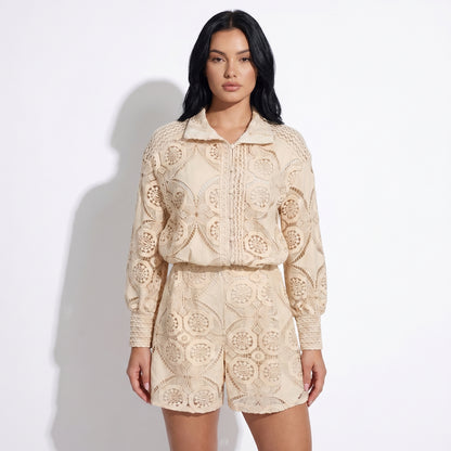 Vivienne Women's Crochet Lace Co-Ord Set, Stand Collar Button Front