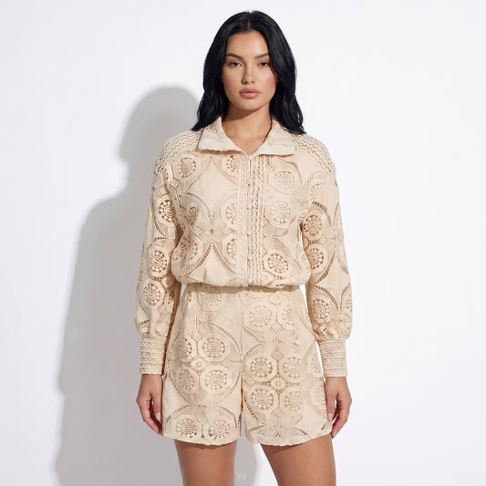 Vivienne Women's Crochet Lace Co-Ord Set, Stand Collar Button Front