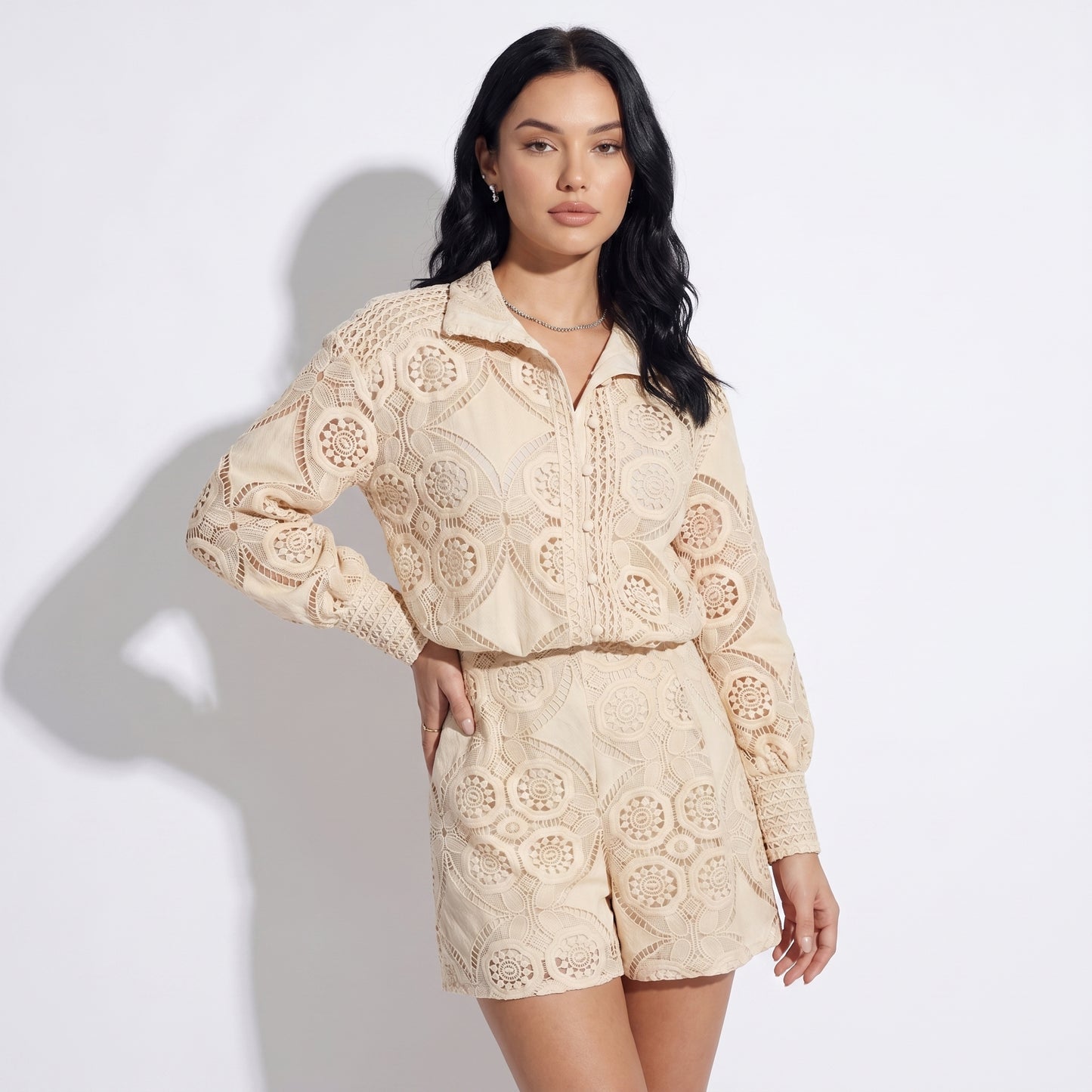 Vivienne Women's Crochet Lace Co-Ord Set, Stand Collar Button Front