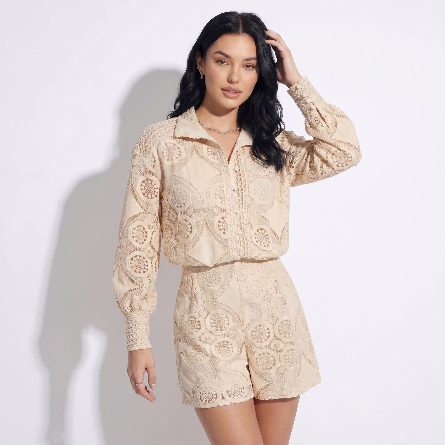Vivienne Women's Crochet Lace Co-Ord Set, Stand Collar Button Front