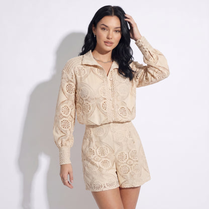 Vivienne Women's Crochet Lace Co-Ord Set, Stand Collar Button Front